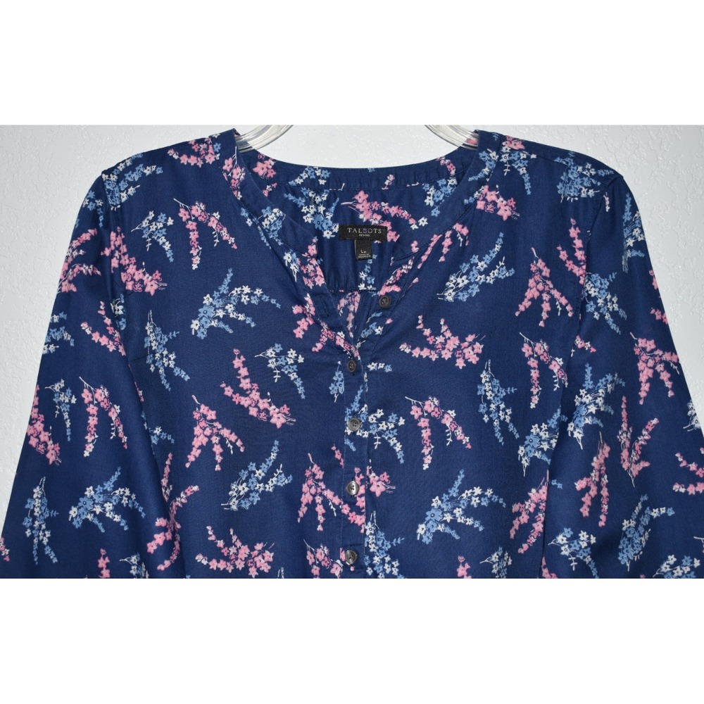 Talbots Lp Top Navy Floral Popover Long Sleeve Button Front Lightweight Comfy